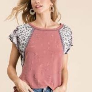 BiBi Distressed Stiching Brown and Leopard Print Short Sleeve Top